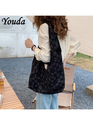 Xifu Shop B Siyah Bir Stil Youda Vintage Edebiyat Işlemeli Omuz Çantası Bayan Alışveriş Çantası Yeniden Kullanılabilir Büyük Kapasiteli Günlük Çanta (Yurt Dışından)