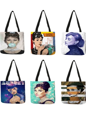 Xifu Shop B No.7 Tarzı Kadınlar Için Özel Tasarım Çanta Eco Keten Alışveriş Çantası Audrey Hepburn Baskılı Yeniden Kullanılabilir Alışveriş Çantaları Bayanlar Moda El Çantası (Yurt Dışından)