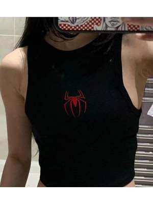 Gossip Team Black Y2K Spider Nakışlı Beyaz Halter Yaka Kaşkorse Crop Top