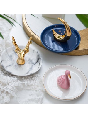 Xifu Shop B 13CM Gold Plate T Style Nordik Seramik Takı Anahtar Düzenleyici Tepsi Kolye Yüzük Ekran Tabak Tavşan Flamingo Depolama Tepsi Kaktüs Boynuz Masaüstü Tutucu (Yurt Dışından)