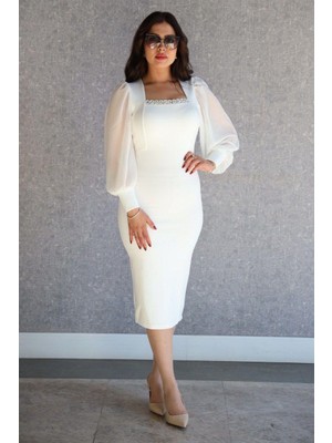 Rengamoda Kadın U Yaka Kolları Tül Yaka Taş Detay Abiye Elbise (Renkli)