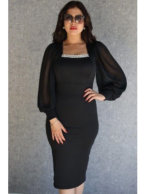 Rengamoda Kadın U Yaka Kolları Tül Yaka Taş Detay Abiye Elbise (Renkli)