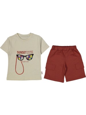 by BebekOdam Erkek Çocuk Ekru Kiremit Sunset Gözlük Baskılı Şortlu 2'li Takım