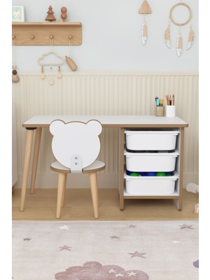 Iskandinav Çocuk Oyun Aktivite Masası 90X45 cm 3 Sepetli Çocuk Çalışma Masası Arkalıklı Sandalye -
