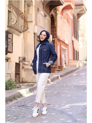 Vellichor Kadın Koyu Mavi Kot Ceket Doğal Kumaş Cep Detaylı Modern Stil