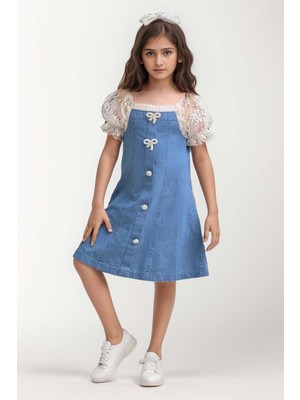 Kız Çocuk Yakası ve Kolları Dantel Işlemeli Balon Kollu Mavi Kot Elbise