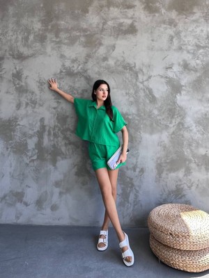 Zf Butik Gömlek Şort Ikili Keten Takım