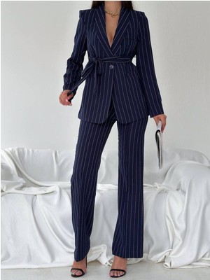 Zf Butik Kuşaklı Çizgili Ceket Pantolon Takım Elbise