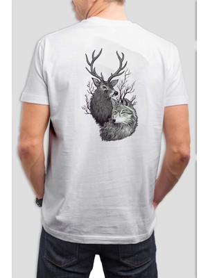 T-35 Geyik ve Kurt Baskılı Beyaz  Tişört C721