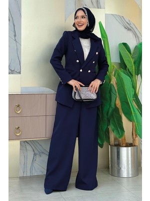 Bym Fashion Düğme Detay Blazer Ceket Bol Pantolon Takım 8302 Lacivert