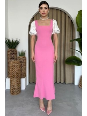 Fiyonque Vintage Stil Balon Kol Uzun Elbise - Pembe/beyaz