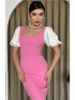 Fiyonque Vintage Stil Balon Kol Uzun Elbise - Pembe/beyaz