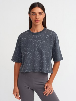 Dilvin 30710 Taş Baskılı Crop Top-Antrasit