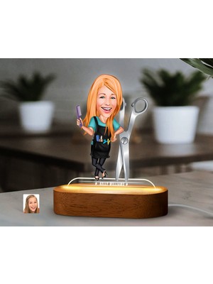Bk Gift Kişiye Özel Kuaför Karikatürlü Dekoratif 3D Biblo LED Işıklı Gece Lambası-1, Arkadaşa Hediye