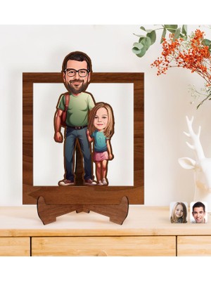 Bk Gift Kişiye Özel Baba-Kız Karikatürlü Ahşap 3D Standlı Biblo-1, Babalar Günü Hediyesi, Babaya Hediye