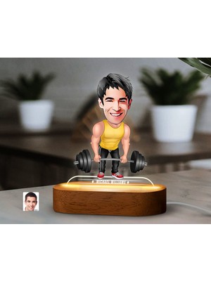 Bk Gift Kişiye Özel Halterci Karikatürlü Dekoratif 3D Biblo LED Işıklı Gece Lambası-1, Arkadaşa Hediye
