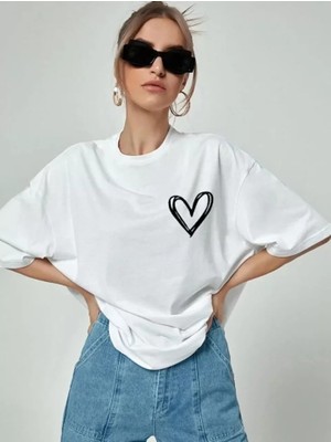 Roses Boutique Bisiklet Yaka Baskılı Oversize T-Shirt - Beyaz