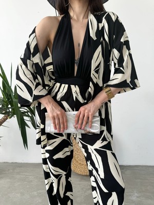 Go Veform Desenli Kimono ve Pantolon İkili Takım DFL4019 Siyah Krem