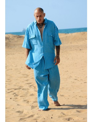 Gothamvibes Erkek Mavi Çizgili Keten Takım