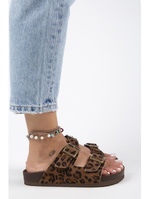 Manijero Anlelic Leopar Kadın  Hakiki Deri Çift Tokalı  Taba Terlik