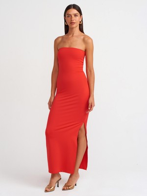 Dilvin 91176 Straplez Midi Elbise-K.kırmızı