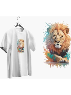 X7 Design Art  Oversize Kalıp Bisiklet Yaka Renkli Aslan Baskılı T-Shirt