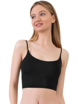 COTTONHILL Mikrofiber Dokulu Ince Askılı Siyah Crop Top Büstiyer