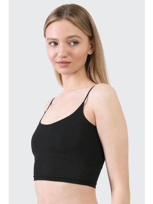 COTTONHILL Mikrofiber Dokulu Ince Askılı Siyah Crop Top Büstiyer