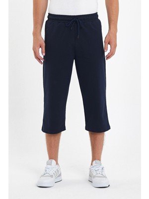 Comeor Erkek Cepleri Fermuarlı Lacivert Bermuda Diz Altı Kapri Beli Ayarlanabilir Lastikli Uzun Şort