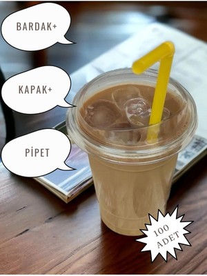 Pem Ambalaj Plastik Pet Milkshake Limonata Bardak Kapak Pipetli 100 Adet