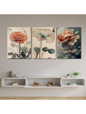 Gaagart 3'lü Kanvas Duvar Tablosu Soft Renkte Gelincik Çiçekleri