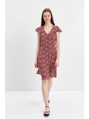 Stella Pulvis Kırmızı Volanlı Kuplu V Yaka Midi Elbise