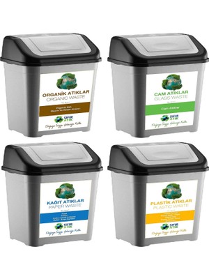 Deembro Sıfır Atık Kutusu 35 Lt*4 Adet Geri Dönüşüm Kutusu Plastik Tek Kapaklı  Kağıt-Organik-Cam-Plastik