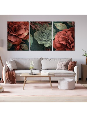Gaagart 3'lü Kanvas Duvar Tablosu Kırmızı Yeşil Çiçek Deseni
