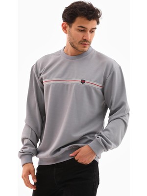 Erkek Açık Gri Renk Mare Jaker Kumaş Bisiklet Yaka Uzun Kol Gögüste Şerit Nakış Sweatshirt - 7657