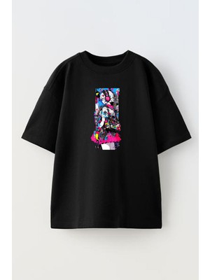 Nmg Tekstil Unisex Siyah Oversize Pamuk Japon Anime Kulaklıklı Kız Rengarenk Baskılı Örme T-Shirt