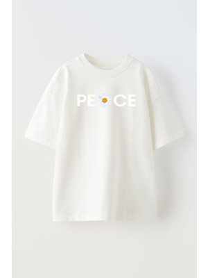 Nmg Tekstil Unisex Beyaz Oversize Pamuk Peoce Baskılı Örme T-Shirt