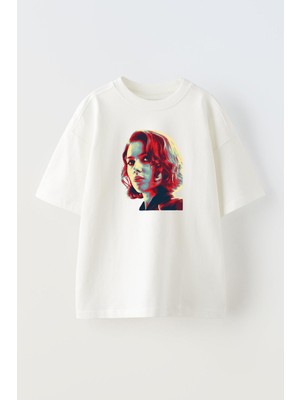 Nmg Tekstil Unisex Beyaz Oversize Pamuk Marvel Silik Çizim Kadın Baskılı Örme T-Shirt