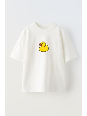 Nmg Tekstil Unisex Beyaz Oversize Pamuk Oyuncak Sarı Oyuncak Baskılı Örme T-Shirt