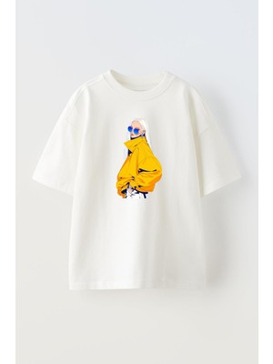 Nmg Tekstil Unisex Beyaz Oversize Pamuk Beyaz Saçlı Sarı Montlu Kız Baskılı Örme T-Shirt