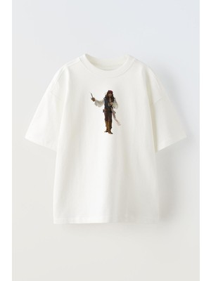 Nmg Tekstil Unisex Beyaz Oversize Pamuk Karayip Çizim Karikatür Baskılı Örme T-Shirt