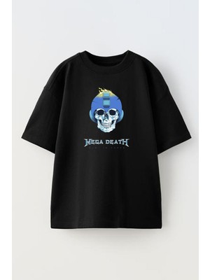 Nmg Tekstil Unisex Siyah Oversize Pamuk Megadeath Kurukafa Gülücük Baskılı Örme T-Shirt