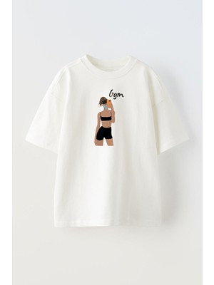 Nmg Tekstil Unisex Beyaz Oversize Pamuk Croplu Kız Gym Pozu Baskılı Örme T-Shirt