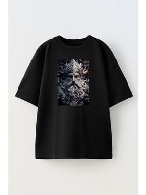 Nmg Tekstil Unisex Siyah Oversize Pamuk Zeus Baskılı Örme T-Shirt