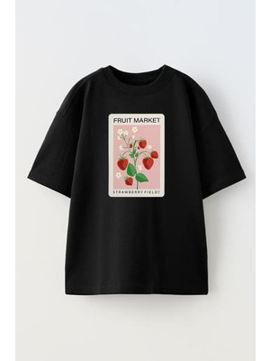 Nmg Tekstil Unisex Siyah Oversize Pamuk Fruit Market Baskılı Örme T-Shirt
