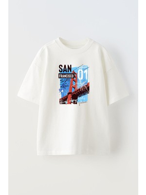 Nmg Tekstil Unisex Beyaz Oversize Pamuk San Francico Köprü Poster Baskılı Örme T-Shirt