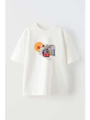 Nmg Tekstil Unisex Beyaz Oversize Pamuk Taksim Tramvay Istanbul Baskılı Örme T-Shirt