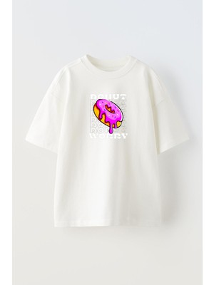 Nmg Tekstil Unisex Beyaz Oversize Pamuk Donut Pembe Kremalı Baskılı Örme T-Shirt