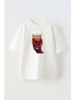 Nmg Tekstil Unisex Beyaz Oversize Pamuk Kurukafa Bardak Baskılı Örme T-Shirt