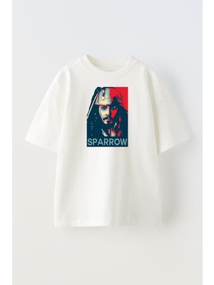 Nmg Tekstil Unisex Beyaz Oversize Pamuk Sparrow Silik Çizim Baskılı Örme T-Shirt